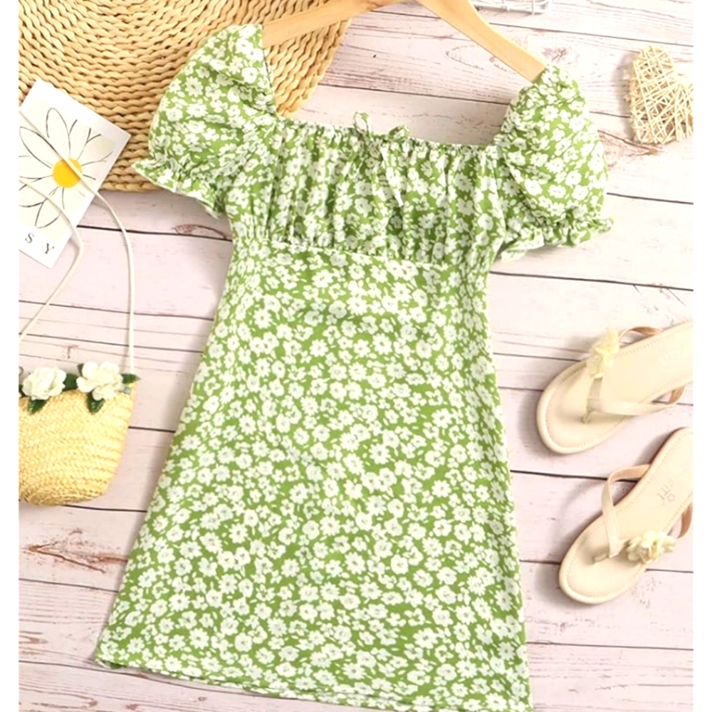 COZYEASE Girls Floral Ruched Bust Puff Sleeve Bow Front Dress NWOT Sz 12
